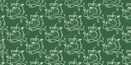 White vector seamless pattern of fruits and drinks. Only healthy food and drinks. Doodle style. Can be used as a pattern for fabric, kitchen towels, and bed linens.