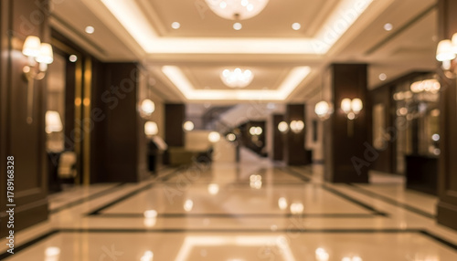 Tableau sur toile Blurred modern hotel lobby interior with warm color tones, polished surfaces, and structured lighting