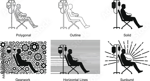 IV infusion scene in six artistic styles, polygonal mesh, outline, solid silhouette, gear design, horizontal lines, sunburst effect, medical care, treatment