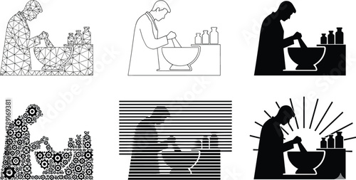 Lab technician silhouette styles, chemical mixing poses, scientific workspace scenes, vector set, editable stroke, professional concept, black and white design