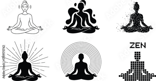 Meditation pose in six artistic styles, silhouette, pixelated, concentric circles, radiant burst, abstract figure, mindfulness, inner peace, calm, zen, spiritual focus