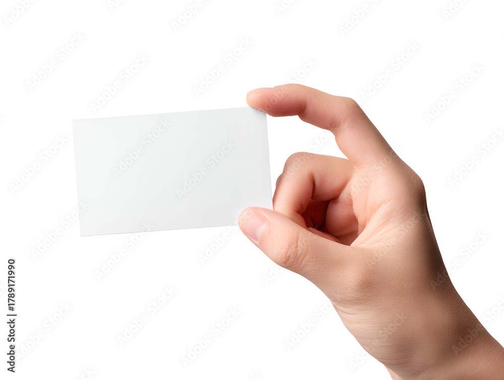 Obraz premium Hand holding a blank white business card isolated on transparent background