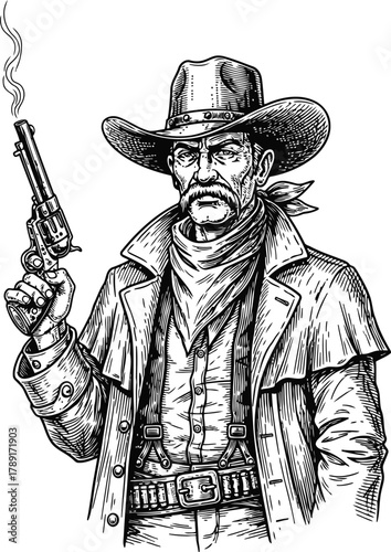 Cowboy silhouette with smoking pistol, wide-brimmed hat, and long duster coat