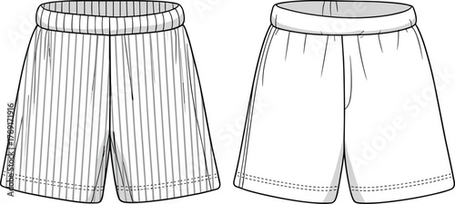 Men’s casual elastic waist shorts with vertical stripe pattern, comfortable relaxed fit, front and back flat sketch fashion illustration