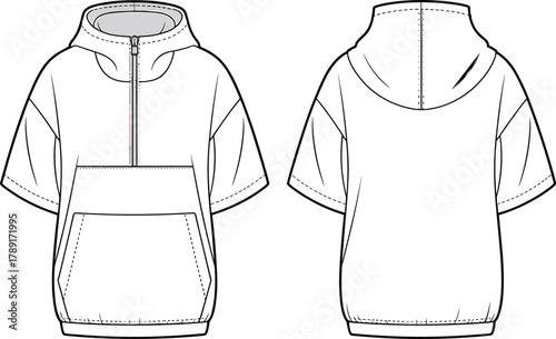 Short sleeve hoodie pullover technical flat sketch with front kangaroo pocket, half zip detail, and relaxed oversized fashion design
