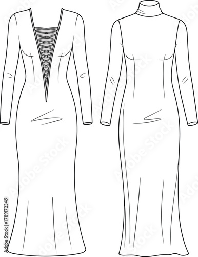 Women’s long sleeve evening gown flat sketch, elegant maxi dress with lace-up neckline and high neck design template