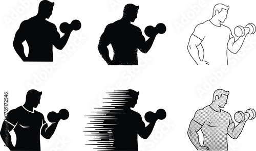 Muscular person lifting dumbbell in six artistic styles, silhouette, stippled texture, line art, motion blur, halftone pattern, fitness, strength, workout, gym