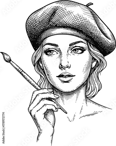 Dark monochromatic depiction of a woman with a beret holding a paintbrush