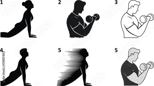 Person doing yoga and lifting dumbbells in six artistic styles, silhouette, line art, motion blur, textured pattern, fitness pose, exercise, strength