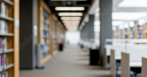 Blurred university hallway with bright daylight, clean architectural design, and linear perspective. Modern educational interior with depth focus, suitable for institutional backgrounds.