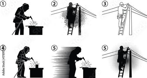 Person welding on platform or ladder in six artistic styles, silhouette, line art, halftone texture, motion blur, ink splatter, construction, metalwork