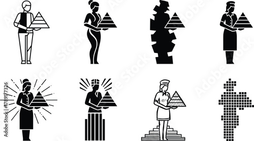 Pyramid holder silhouette styles, symbolic pose variations, artistic concept scenes, vector set, editable stroke, professional design, black and white theme
