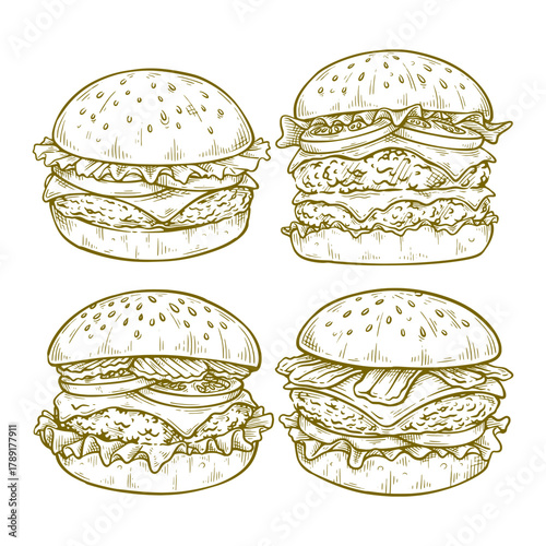 Set of burger hand drawn illustration. Burger vector line art collection