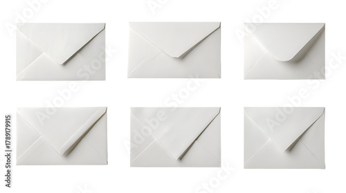 Six white envelopes with a single silver letter opener on each isolated on transparent background