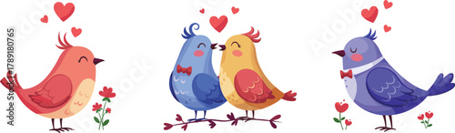 Cute cartoon love birds couple illustration, romantic colorful birds with hearts and flowers, valentine vector art, adorable love scene