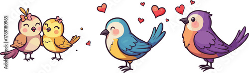Cute cartoon love birds illustration, adorable colorful couple of birds with hearts, romantic valentine vector art, happy love scene