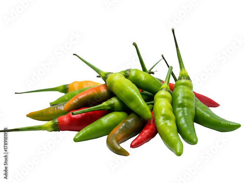 A Colorful Pile of Fresh Chili Peppers on White