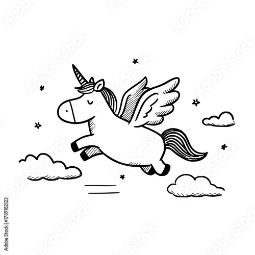 Unicorn pegasus flying through clouds vector illustration fantasy creature magical horse drawing design art 100