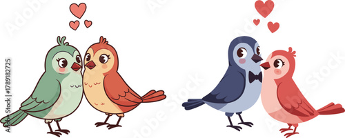 Romantic cartoon love birds illustration, cute colorful couples with hearts, valentine animal art, affection, happiness, and relationship concept design