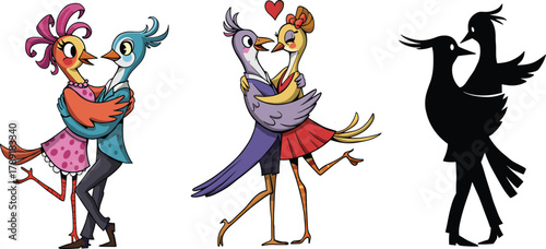 Cute romantic dancing love birds illustration, colorful cartoon bird couples in love with hearts, valentine romance and relationship concept art