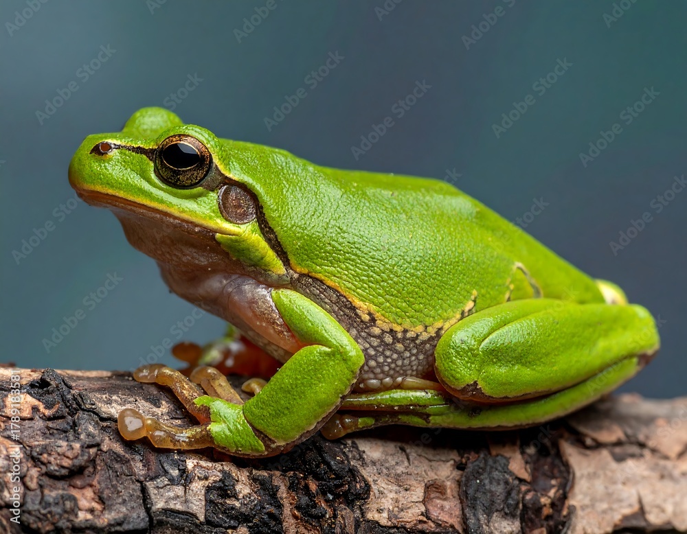 Fototapeta premium Close-up of a vibrant green amphibian perched on a piece of wood