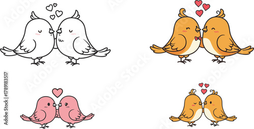 Cute romantic love birds illustration, adorable cartoon couple birds with hearts, valentine’s day romance concept, colorful affectionate bird pair artwork