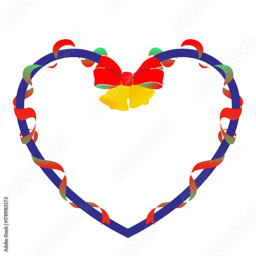 クリスマス風のリボンとベルのハートのフレーム