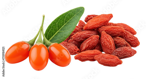 Heap Of Dried Goji Berries With Three Fresh Berries And A Green Leaf On A Transparent Background