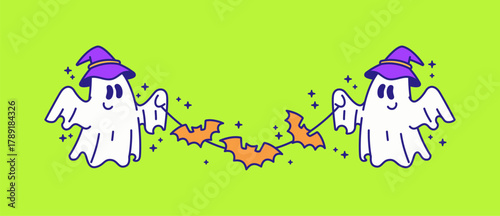 Cartoon vector illustration showing two cute ghosts wearing purple witch hats and holding a garland of orange bats perfect for Halloween party invitations, banners, or festive decorations