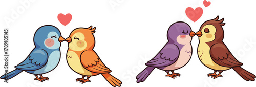 Adorable colorful love birds kissing illustration, cute romantic bird couples with hearts, Valentine’s day affection concept, cartoon animal art