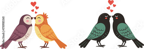 Cute romantic love birds kissing illustration, colorful couple birds with red hearts, Valentine’s day concept, affectionate cartoon animal art