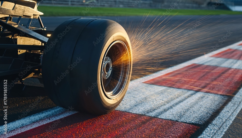 Obraz premium A close-up shot captures the intense action of a race car's tire spinning on a track, with sparks flying as it navigates the asphalt, showcasing speed and precision in motorsports