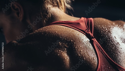 Close-up shot of a person's back and shoulders, glistening with sweat, wearing a red athletic top, highlighting the exertion of physical activity and fitness