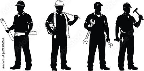 Silhouette of construction and engineering professionals, blueprint and tool holders, safety helmets, teamwork roles, black and white illustration, industrial collaboration, site planning, labor unity