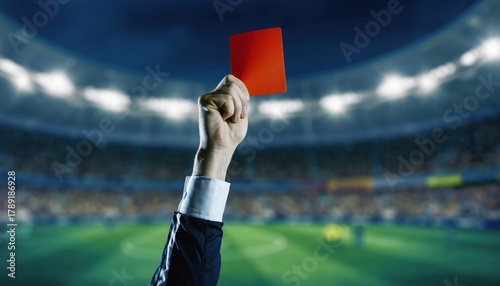 A referee's hand holds up a red card in a stadium, signaling a penalty or ejection during a sports game, emphasizing the concept of rules and consequences in competition