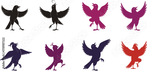 Colorful dancing bird silhouettes collection, elegant flying birds in motion, creative vector art design for decoration and graphic illustration