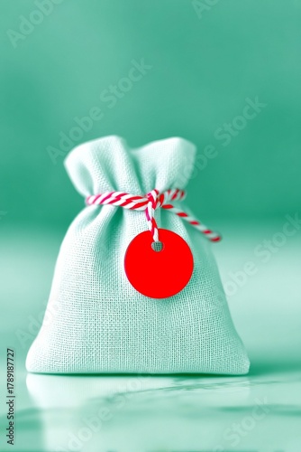 A small, light blue fabric drawstring bag is tied with red and white twine and has a red circular tag attached to it.