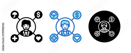 Employee Benefits Multiple Style Icon Set Collection Mixed, Blue & Line. 