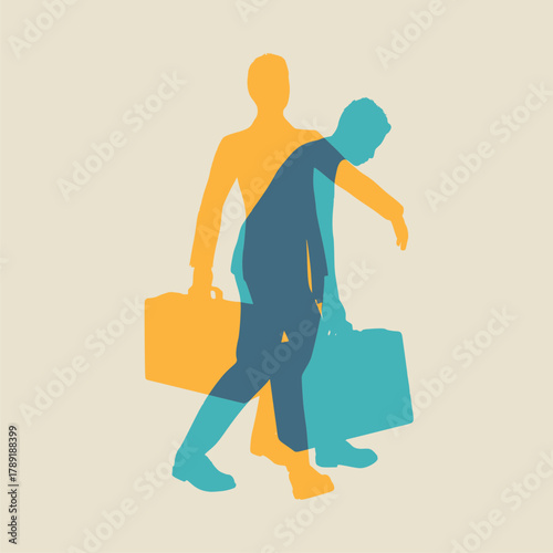 Difference between energy and mood level. Businessman in two versions tired and active. Ready to work and burnout comparison. Businessmen walking with briefcase.