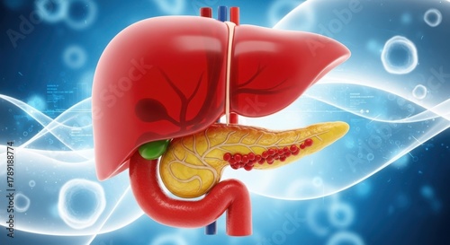 Detailed 3d rendering of human liver and pancreas with bubbles and energy waves background illustration
