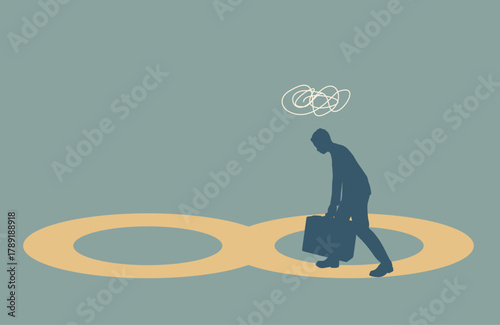 Weary businessman moves along an infinity symbol, with no way out and no career path. Career path dead end, work on same old repetitive job, business as usual no motivation. infinity loop routine job.