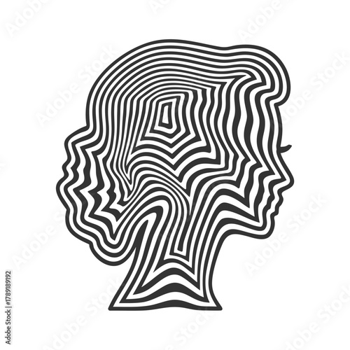 Young woman face represented in stripes. Elegant silhouette of a female head.