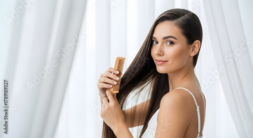 Young Woman Combing Her Long Straight Healthy Hair with Wooden Comb, Beauty Routine Free Download Young Woman Combing Her Long Straight Healthy Hair with Wooden Comb, Beauty Routine - GFXLoad