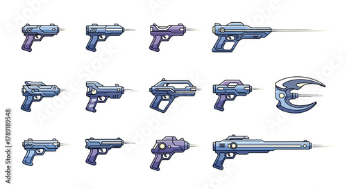 A diverse collection of futuristic energy weapons and laser blasters, meticulously designed as vector illustrations for advanced science fiction game assets or dynamic graphic design projects