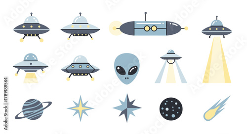 Flat design icon collection of unidentified flying objects, alien faces, and various outer space elements for science fiction themes