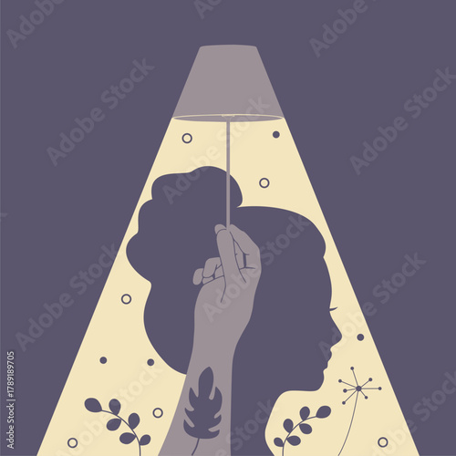 Personal growth and development. Business and education concept. Hand holding lamp that illuminates female head.