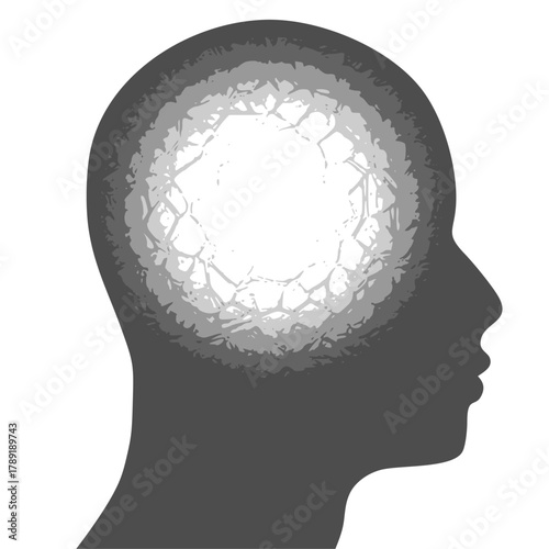 Dementia, memory loss, amnesia concept. Brain damage, cognitive disfunction. Alzheimer's disease. Illustration of a human head profile with damaged brain. Mental, psychological illness.