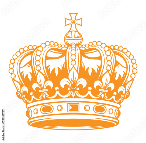 Elegant orange royal crown with embellishments and fleur de lis symbolism isolated
