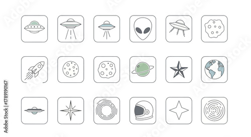 Space and science fiction thin line icon collection featuring UFOs, aliens, planets, rockets, and astronauts for cosmic design projects
