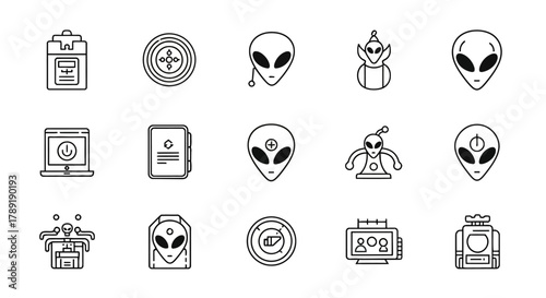 Collection of alien and UFO icons, featuring spaceships, otherworldly beings, and extraterrestrial symbols for futuristic themes